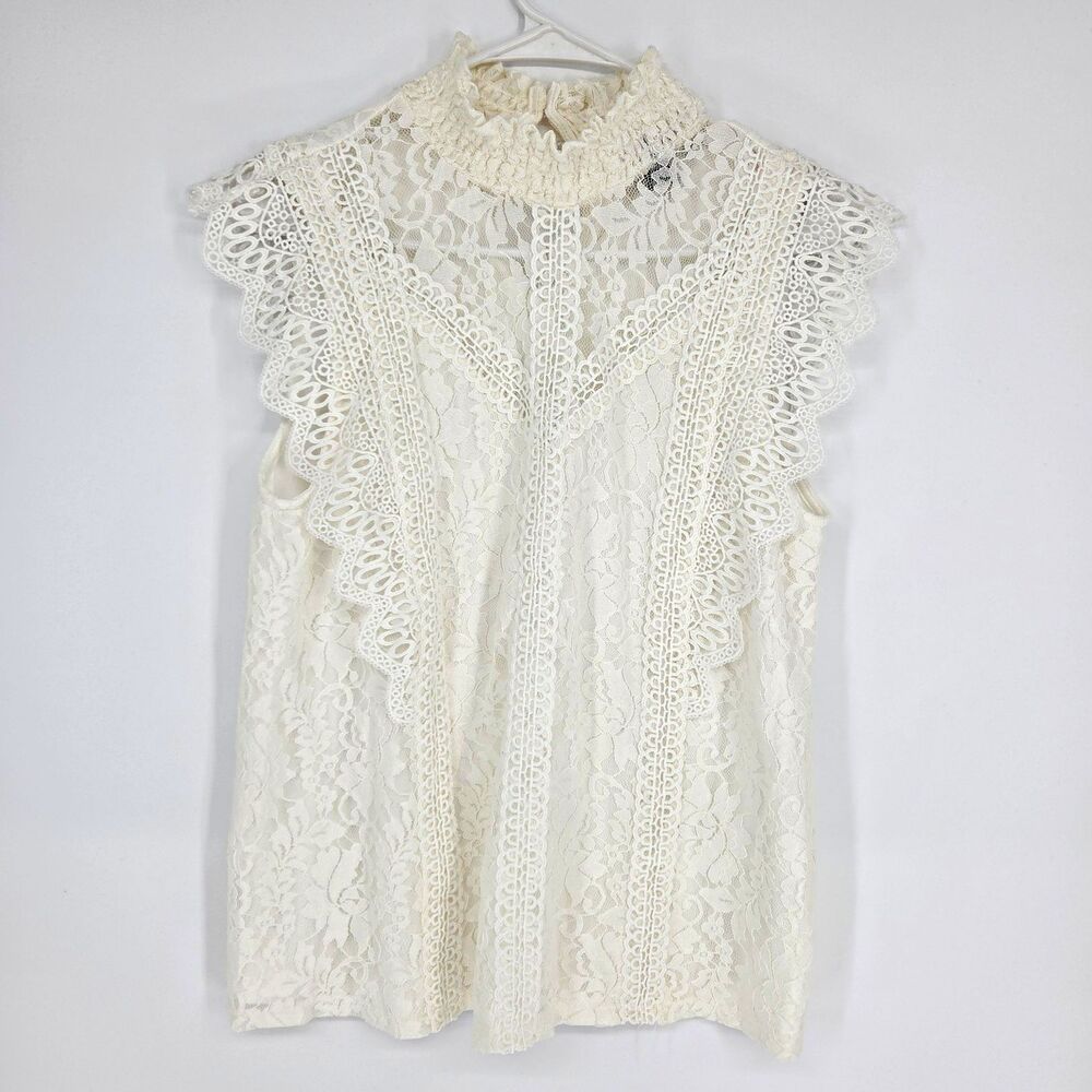 Cable & Gauge Womens Ivory Floral Lace Mock Neck Sleeveless Lined Blouse L Fairy